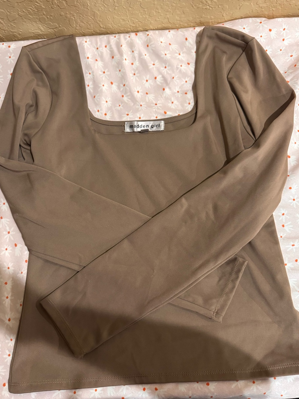Madden Girl Taupe Square Neck Long Sleeve Top